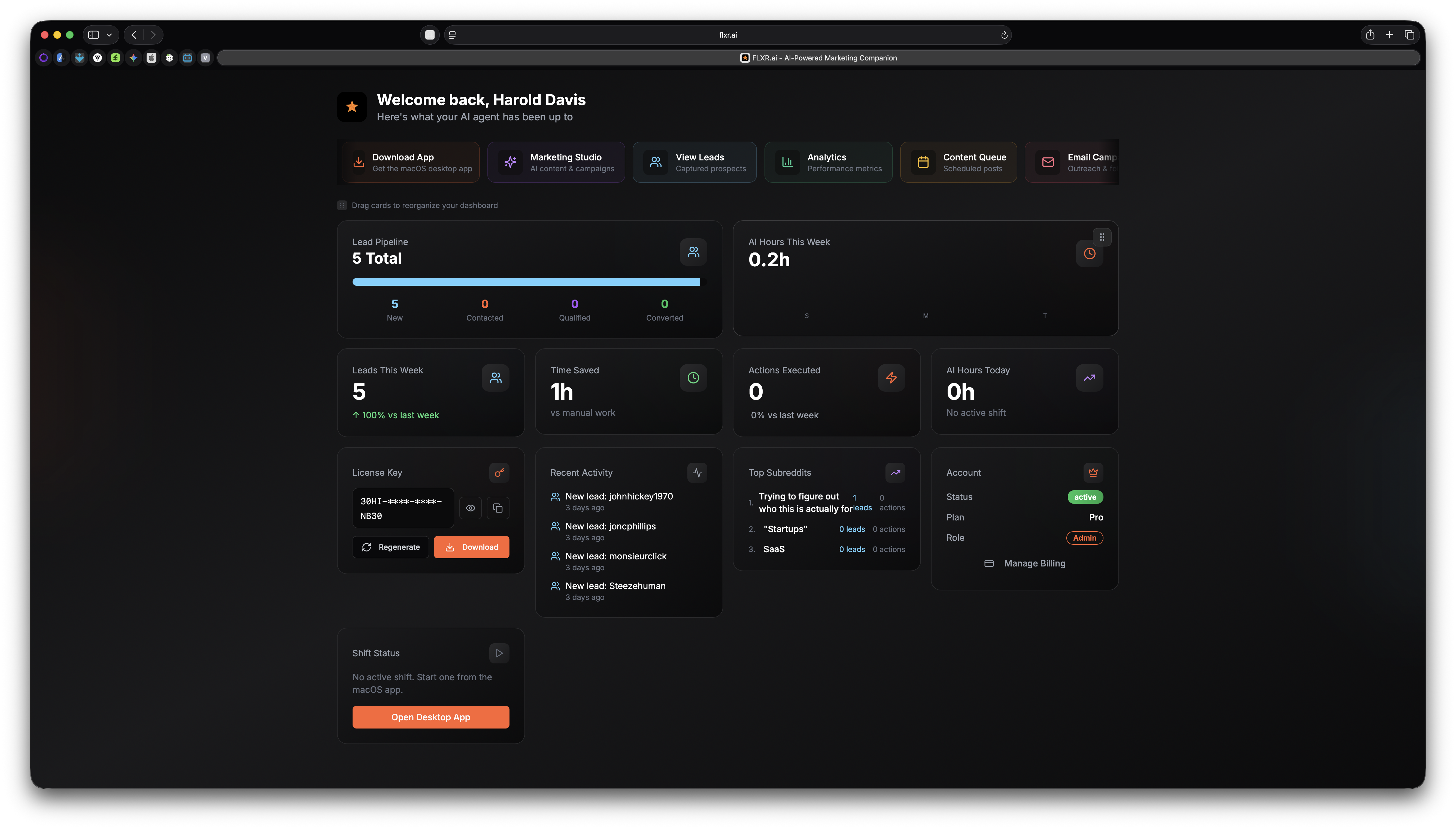 FLXR web dashboard — command center with metrics and cards